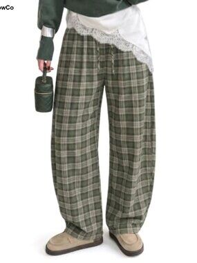 Flannel Barrel Pants Plaid Drawstring High Waist Lounge Trousers